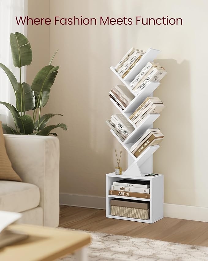 VASAGLE Custos Collection - Tree Bookshelf, Modern Bookcase, Floor Standing Book Shelf, for Bedroom, Living Room, Home Office, 2 Open Compartments, 8 x 15 x 48.5 Inches, Cloud White ULBC607W01