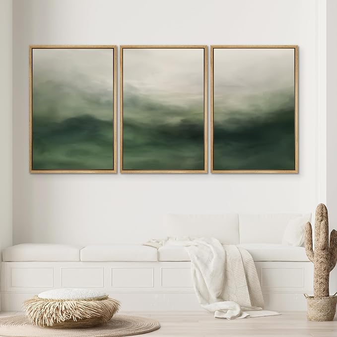 SIGNWIN Framed Canvas Print Wall Art Set Abstract Green Misty Landscape Illustrations Modern Art Decorative Boho Relax/Zen Nordic for Living Room, Bedroom, Office - 16"x24"x3 Natural
