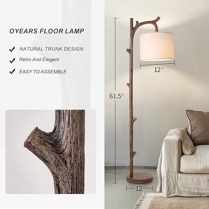 OYEARS Retro Farmhouse Floor Lamp for Nursery Living Room Rustic Standing Lamps Tree Trunk Deco Modern Country Vintage Wood Floor Lamp（Brown）