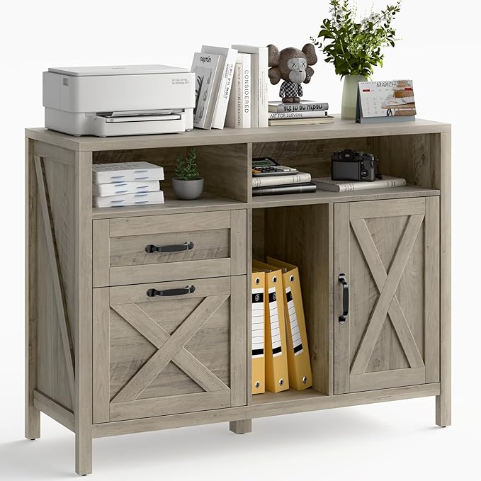 Vabches Lateral File Cabinet, Farmhouse 2 Drawer File Cabinet with Open Storage Shelf for Letter/Legal/A4 Size Hanging Files, Large Wood Storage Cabinets Printer Stand for Home Office, Rustic Grey