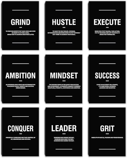 COSCTOR Set of 9 Motivational Wall Art Decor Inspirational Posters Quotes Framed Canvas Pictures Grind Hustle Execute for Workplace Office Garage Gym Classroom Bedroom(Framed,12x16)