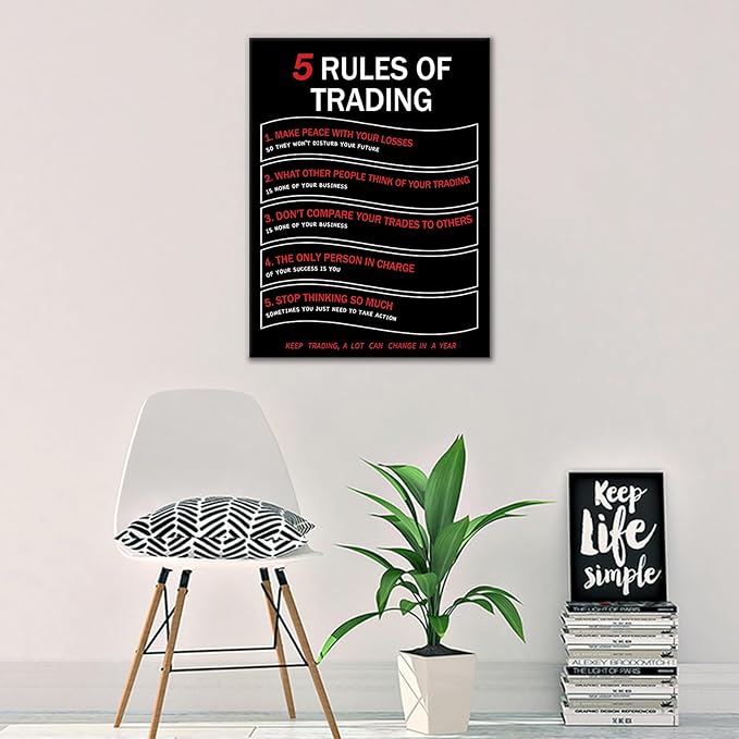 Motivation Quotes Wall Decor Framed Inspirational Canvas Wall Art Poster Print Office 5 Rules Of Trading Positive Picture Painting Artwork for Bedroom Kitchen Workplace Ready to Hang [18''Wx24''H]