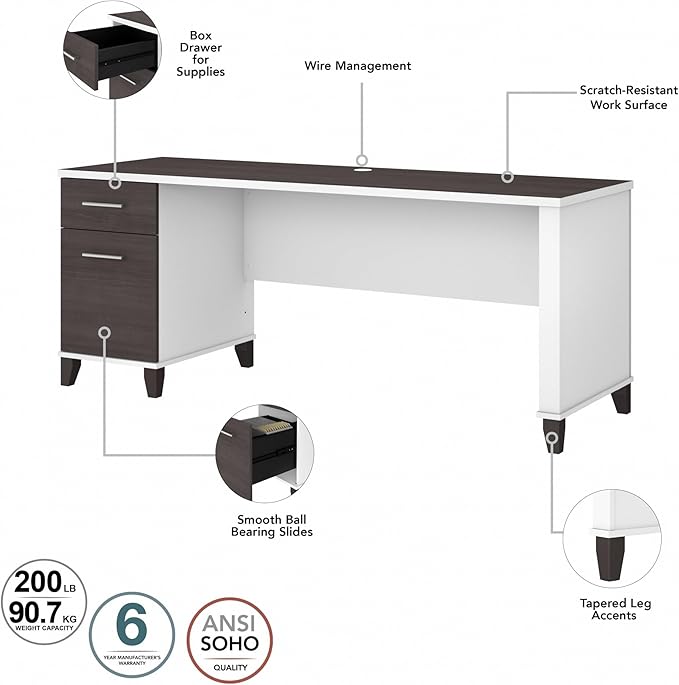 Bush Home Somerset 72W 3 Position Sit to Stand L Shaped Desk with Hutch in White and Storm Gray | Adjustable Height Table for Home Office