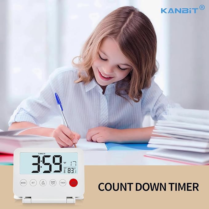 Small Digital Travel Alarm Clock, Large LCD Display Front Button with Date & Temperature, Snooze and 8 Seconds Backlight AAA Battery Operated Desk Clock for Home & Office, White