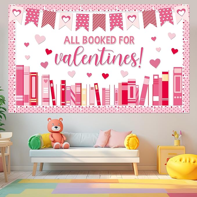 Valentine’s Day Reading Bulletin Board Set Valentine's Day Classroom Decoration All Booked for Valentines Bulletin Board Pink Red Heart Cutouts for Holiday Classroom Home School Chalkboard Wall Decor
