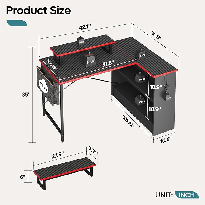 Bestier L Shaped Gaming Desk with Storage Shelves, 42 Inch Reversible Corner Computer Desk with LED Lights, PC Gaming Table with Side Storage Bag & Monitor Stand for Bedroom