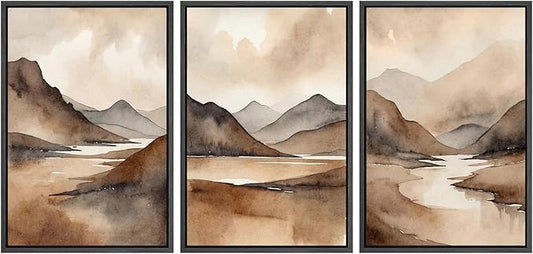 SIGNWIN Framed Canvas Print Wall Art Set Landscape Serene Mountain and River Scene in Warm Earth Tones Illustrations Modern Art Decorative Abstract for Living Room, Bedroom, Office - 24"x36"x3 Black