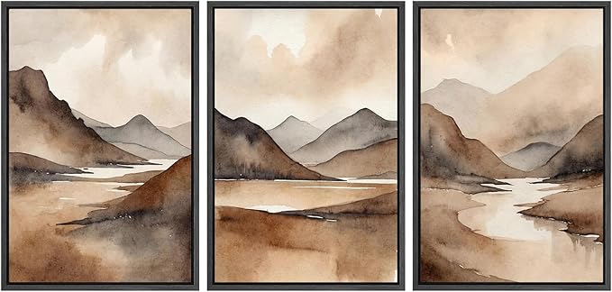 SIGNWIN Framed Canvas Print Wall Art Set Landscape Serene Mountain and River Scene in Warm Earth Tones Illustrations Modern Art Decorative Abstract for Living Room, Bedroom, Office - 16"x24"x3 Black