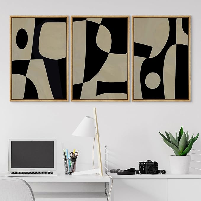 SIGNLEADER Framed Canvas Print Wall Art Set Black Geometirc Block Abstract Shapes Illustrations Minimal Decorative Bohemian Nordic for Living Room, Bedroom, Office - 24"x36"x3 NATURAL