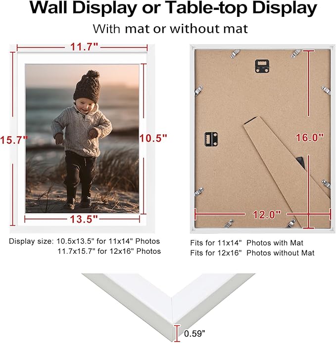 KINLINK 12x16 Picture Frame White, Wooden 16x12 Photo Frames with Plexiglass for 11x14 Picture with Mat or 12x16 Without Mat, Perfect for Art Wall Gallery and Tabletop Display 12 x 16 frame Set of 6