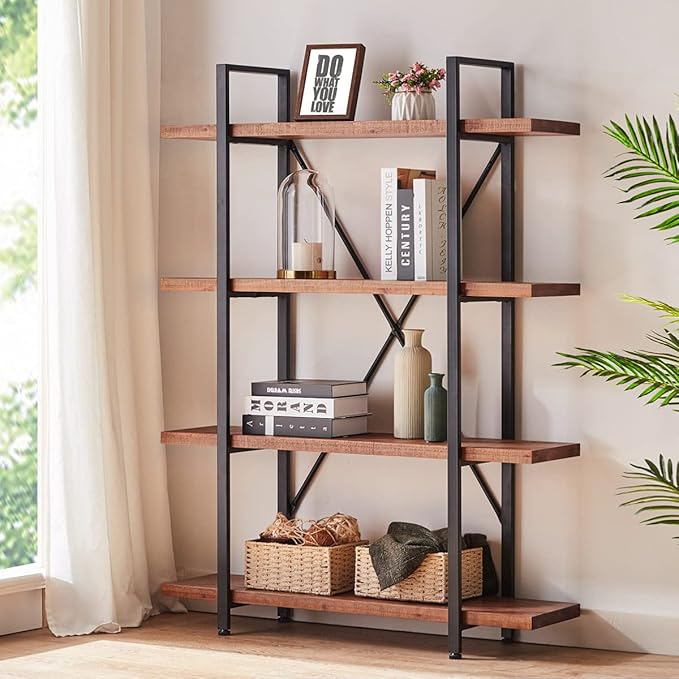 HSH Solid 4 Tier Natural Real Wood Bookshelf, 4 Shelf Rustic Wooden and Metal Bookcase, Farmhouse Open Vintage Industrial Etagere Book Shelf for Office Living Room Bedroom Storage, Distressed Brown