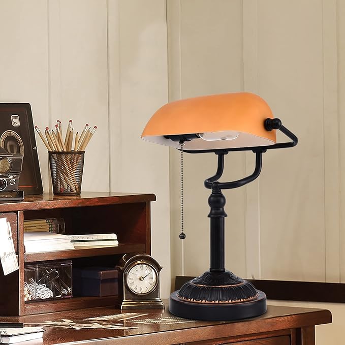 Rustic Banker's Desk Lamp Pull Chain, Traditional Bankers Desk Lamp with USB Port, Vintage Farmhouse Table Lamp for Home Office Library
