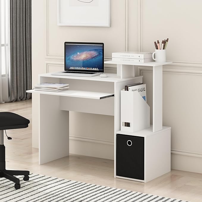 Furinno ECON Desk, 40" Wide Gaming Desk with Keyboard Tray, Computer Desk, Office Desk with Side Shelves and Storage Bin for Home Office, Plain White