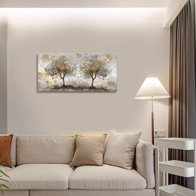 Landscape Gold Tree Wall Art - Autumn Golden Forest Canvas Painting - Bedroom & Living Room Decor