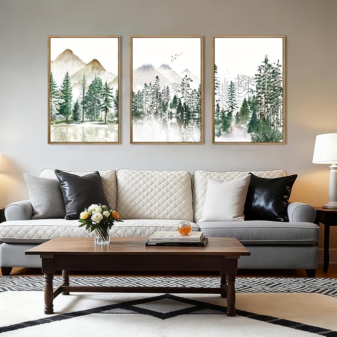 Extra Large Green Forest Mountain Wall Art Watercolor Nature Landscape Framed Wall Decor Boho Pine Tree Painting for Living Room Bedroom Bathroom Office 24x36 Inch Set of 3