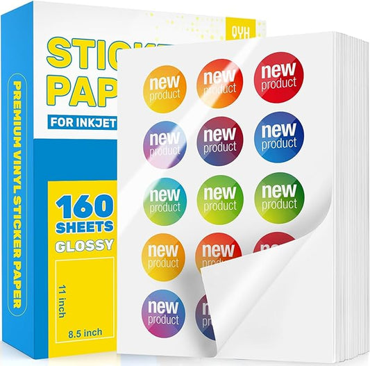 QYH Glossy Sticker Paper for Inkjet & Laser Printer - 160 Sheets Waterproof Printable Vinyl, Compatible with Cricut/Silhouette, Vivid Prints for DIY Crafts, Small Business 8.5x11in