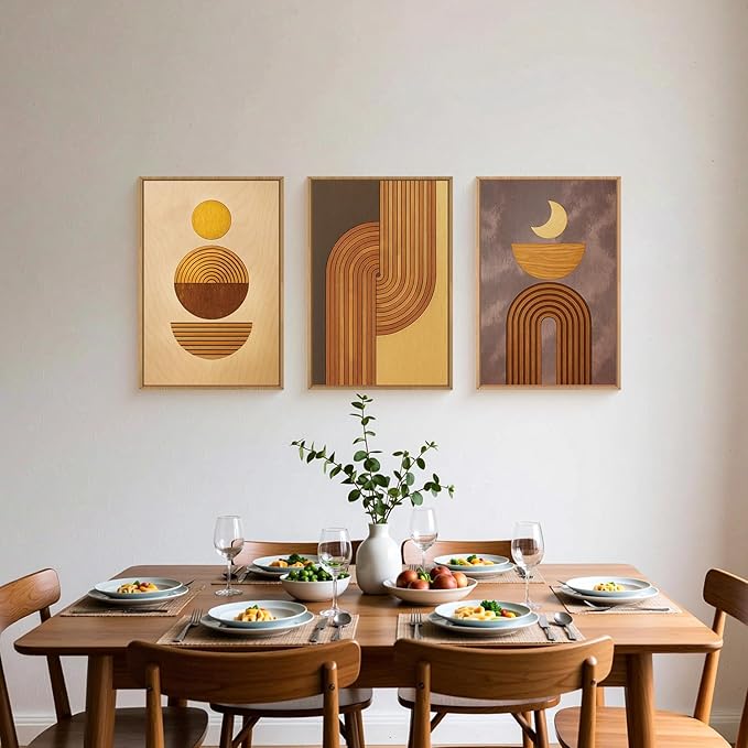 BICERE Large Boho Woodcut Framed Canvas Wall Art,Mid Century Modern Wall Decor,Abstract Geometric Brown Art Prints,Bohemian Sun and Moon Artwork for Living Room,Bedroom,Office -16"x24"x3