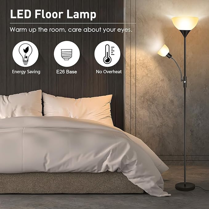 Floor Lamp, Torchiere Floor Lamps for Living Room, 71 Inch Tall Standing Lamp, Bedroom Lamps with Reading Light, Rotary Switch, 2 Plastic Lampshade, Torch Floor lamps for Bedroom (Black, No Bulb)