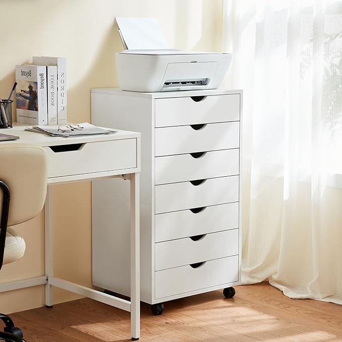 NEWBULIG 7 Drawers File Cabinet Under Desk Storage with Wheels Small Rolling Office Filing Cabinets Chest of Dawers for Home Office White