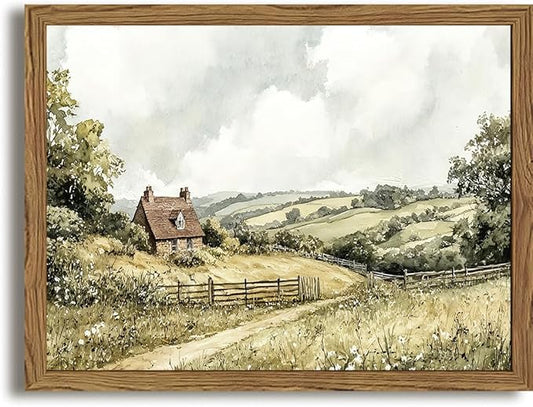 Framed Vintage Canvas Wall Art, Cottage Landscape Wall Decor Paintings, Rustic Farmhouse Pictures Prints Aesthetic Home Decor for Living Room Bedroom Bathroom 12x16 inch