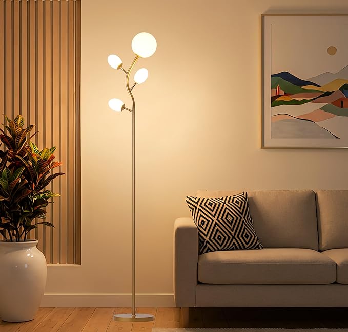 Fiqevs 4 Globe Floor Lamp, Modern Gold Tree Standing Lamp with Warm Light LED Bulbs and Sphere Frosted Glass Shade, Mid Century Sputnik Tall Lamp for Living Room, Bedroom, Office, Antique Brass