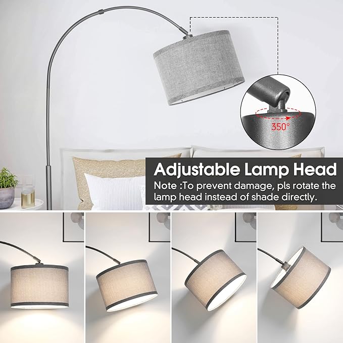 Arc Floor Lamp with Dimmer, Dimmable Floor Lamp for Living Room, Modern Standing Lamp with Gray Adjustable Hanging Shade, Tall Pole Lamp Reading Light for Bedroom, Over Couch, 9W LED Bulb Included