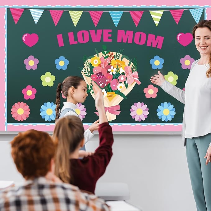 Mother's Day Bulletin Board Set I Love Mom Classroom Bulletin Board Decorations Mothers Day Flower Heart Cutouts Classroom Decorations for Preschool Nursery Toddler Kids Spring Decor Wall Door