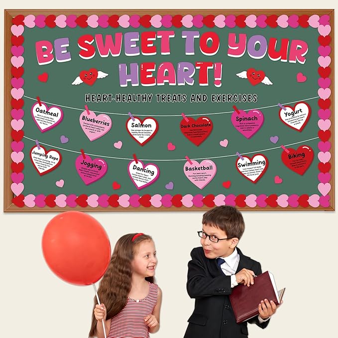 Valentine's Day Heart Health Bulletin Board Set Valentine Sweet to Your Heart Classroom Decoration Healthy Treats and Exercises Bulletin Board Hearts Cutouts for School Home Chalkboard Wall Decor
