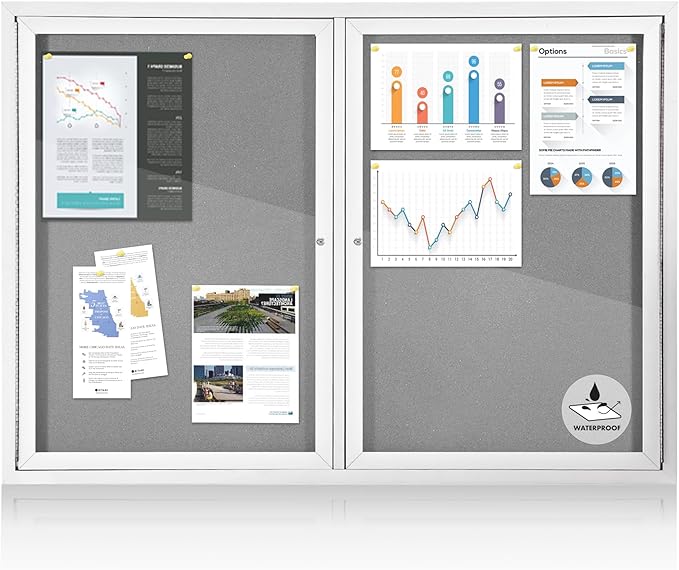 Outdoor Bulletin Board Weatherproof 48x34 in,Enclosed Bulletin Board with Locking Door, Wall Display Case for Office School Home Commercial, Silver Aluminum Frame, Gery Felt