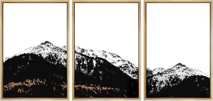 SIGNWIN 3 Piece Framed Canvas Wall Art Black and White Mountain Tops Photo Nature Wilderness Illustrations Abstract Traditional Home Artwork Decoration for Living Room,Bedroom - 24"x36"x3 Natural