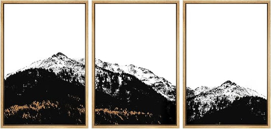 SIGNWIN 3 Piece Framed Canvas Wall Art Black and White Mountain Tops Photo Nature Wilderness Illustrations Abstract Traditional Home Artwork Decoration for Living Room,Bedroom - 16"x24"x3 Natural