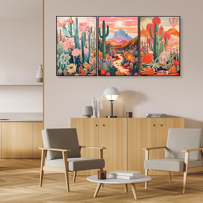 Boho Cactus Wall Art Vintage Pink Orange Plant Floral Wall decoration pictures Colorful Southwestern Rustic Painting Desert Landscape Poster Prints for Living Room Bathroom Bedroom(16x24in UNFRAMED)