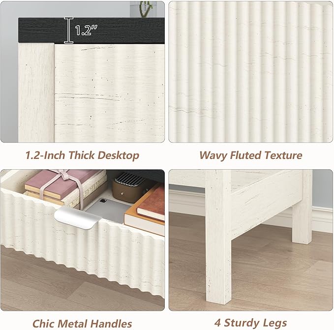 Fluted Computer Desk with 2 Drawers, 39 Inch Small Computer Desk with Storage, Compact Writing Study Desk for Small Spaces, Black and White