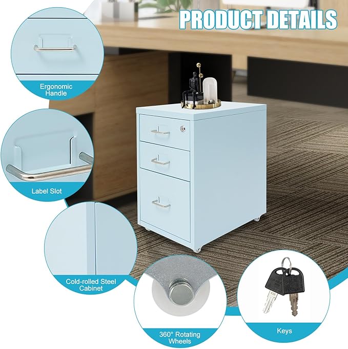 3 Drawer Vertical File Cabinet, Filing Cabinets for Home Office, Metal Vertical File Storage Cabinet with Lock, Locking File Cabinet for Office, Study, Dresser, 11" W x 16" D x 18.3" H, Black (Blue)