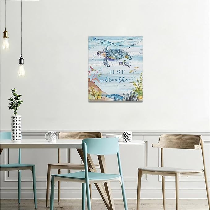 Ocean Sea Turtle Wall Art Nautical Just Breathe Pictures Wall Decor Beach Seaweed Canvas Coastal Painting Modern Artwork Home Decoration for Bathroom Living Room Bedroom Office Framed 20"x24"