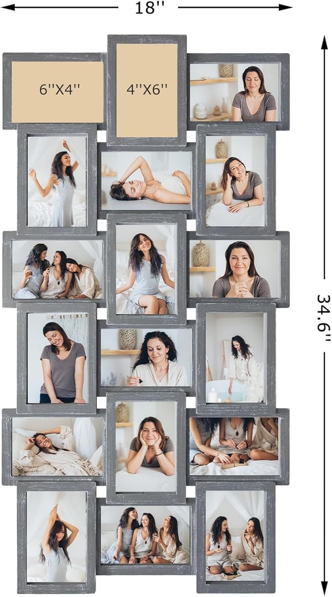 J.M.Deco Collage Picture Frames for Wall Decor, 18-Opening Reunion Family Friends Picture Frame Set, 4 x 6 Photo Frames Collage for Living Room Bedroom, Ashes