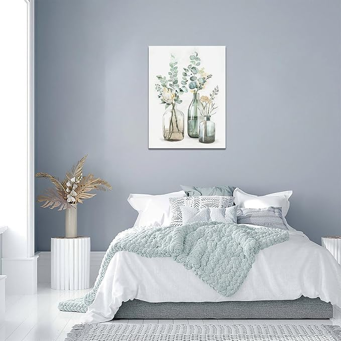 Botanical Bathroom Wall Art Rustic Green Plant Pictures Wall Decor Botanical Canvas Country Print Painting Modern Decoration Artwork for Bathroom Living Room Bedroom Office Framed 12"x16"