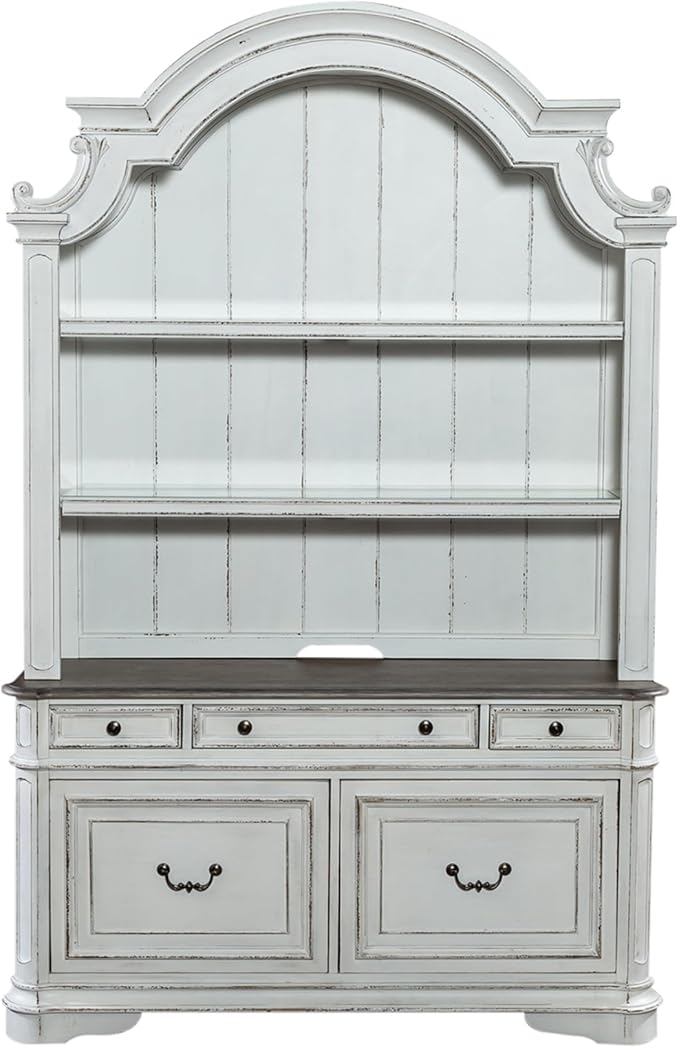 Liberty Furniture Magnolia Manor Filing Credenza & Hutch for Home Office - Antique White & Weathered Bark