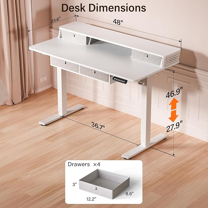 Kingant 48 x 24 Inch Electric Standing Desk with 4 Drawers, Height Adjustable Sit to Stand Computer Desk with Storage Shelf and C-Clamp Mount Compatibility for Home Office, White