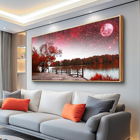 Lapremoly Red Tree Wall Art - Large Wall Decor for Living Room, Bedroom - Starry Sky Moon Landscape - Wood Framed 20" X 40"