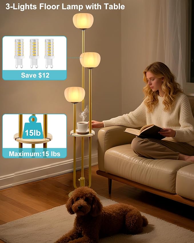 Gold Floor Lamp with Table, Modern Dimmable Floor Lamps with Pumpkin Lampshade, 3000K Soft Warm White Bulbs Included, 3-Light Tall Standing Lamp for Living Room/Bedroom