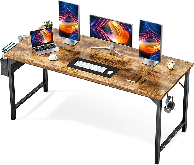 Sweetcrispy Computer Office Desk 63 Inch Student Study Writing Work with Headphone Hooks & Storage Bag Modern Simple PC Home Bedroom Table, Rustic Brown