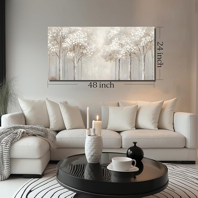 ANCXWOTER Large Forest Wall Art for Living Room White Misty Birch Tree Picture for Bedroom Office Modern Landscapes Canvas Prints Ready to Hang 24x48 Inch