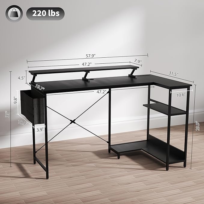 HOMCOM 58" L Shaped Gaming Desk with Power Outlets and LED Lights, Reversible Computer Desk with Monitor Stand, Fabric Storage Bag, Cable Management, for Home Office, Black