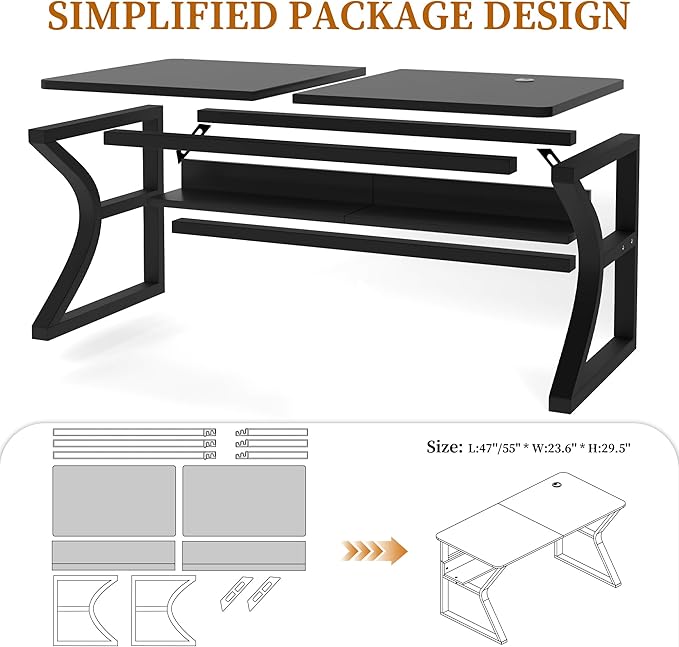 StarGraph Computer Desk 55 Inch Large Computer Desk with Storage Shelf Home Office Desk with C Shaped Metal Frame Writing Work Study Student Home Bedroom Office (Black, 55inch)