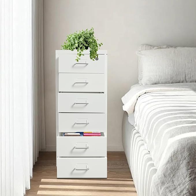6-Drawer Metal File Cabinet, Mobile File Cabinet with Lock, Rolling Vertical File Cabinet Under Desk for Home Office, 11 * 16 * 27in (White)