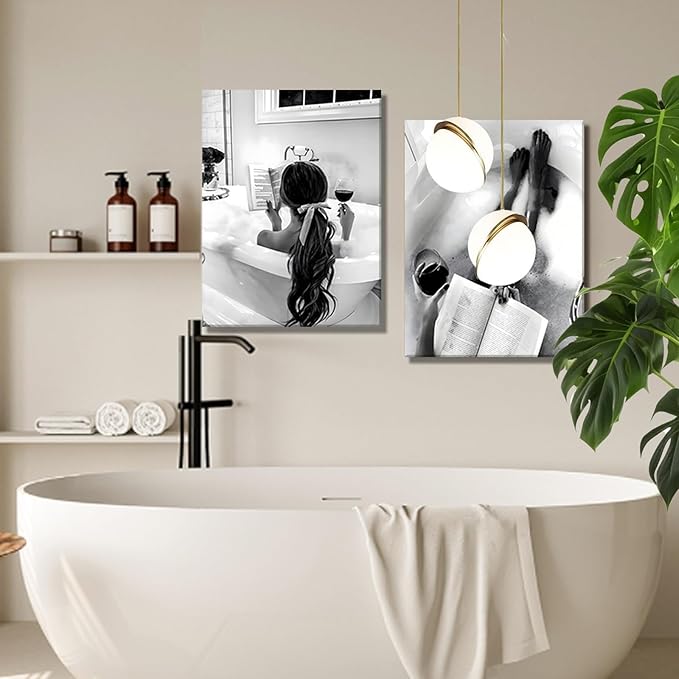 Framed 2pcs Black and White Trendy Bathroom Wall Art Girl in Bathtub Poster Aesthetic Picture Canvas Prints for Fashion Girl Bathroom Décor Minimalist Painting 12x16Inch