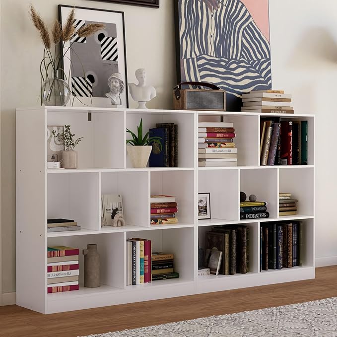 7-Cube Wooden Bookshelf with Base,3-Tier Freestanding Open Storage Organizer,Multi-Functional Bookcase for Living Room,Bedroom,Study and Office (White, 7-Cube)