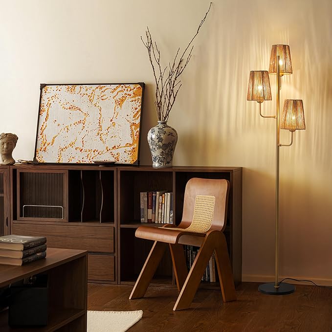Boho Floor Lamp for Living Room:3 Light Rattan Floor Lamp for Bedroom, Gold Standing Lamp with Foot Switch, Coastal Rustic Tall Lamp, No Bulb