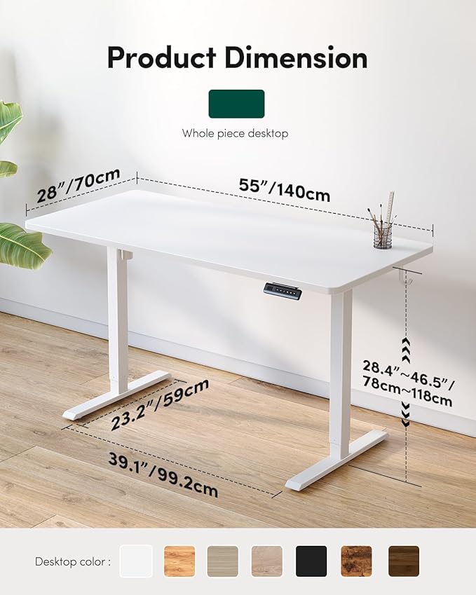 CubiCubi 55 x 24 Large One-Piece Standing Desk, Adjustable Height Electric Computer Home Office Sit Stand up Workstation, with 4 Memory Presets, Headphone Hook, White
